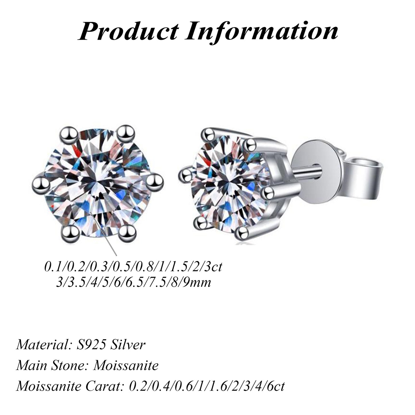 VVS 0.1-3Carat Round Brilliant Cut Stud Moissanite Earrings