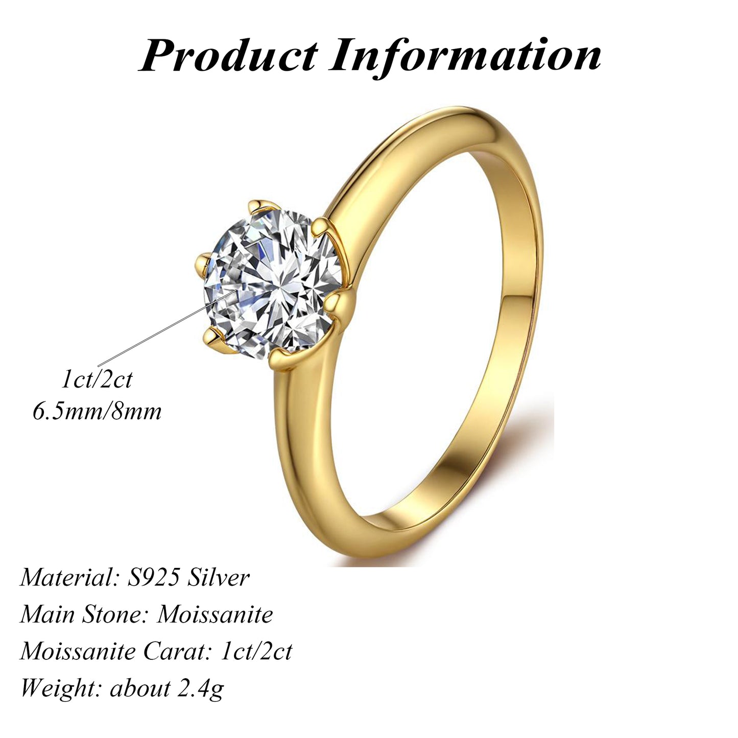 14K Gold Plated Solid 925 Sterling Silver Round Cut 1ct/2ct Moissanite Engagement Ring