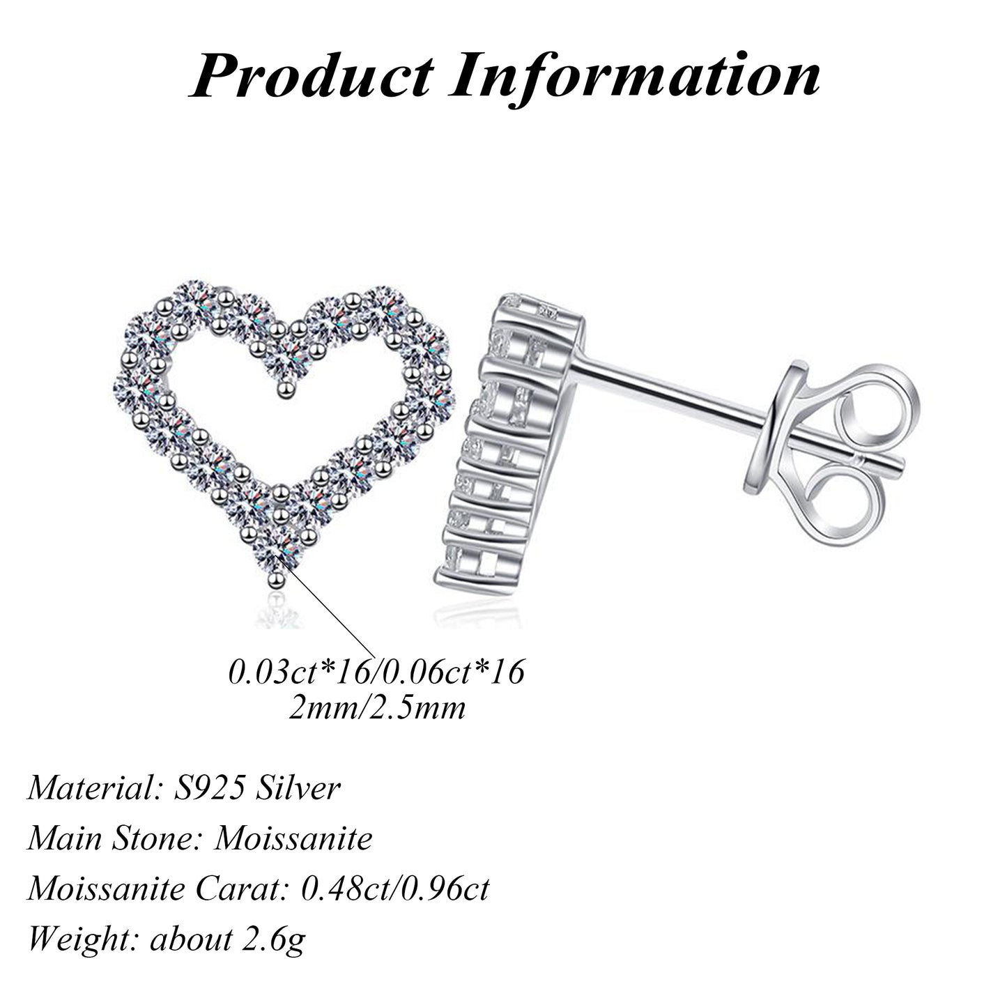 Heart Design 925 Sterling Silver Round Cut Moissanite Stud Earrings 0.48ct/0.96ct