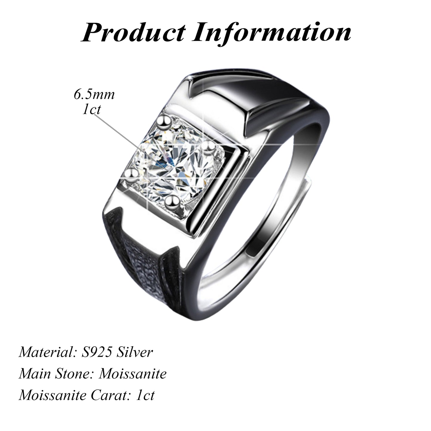 Luxury S925 Silver Adjustable Round Cut 1ct Moissanite Men's Ring