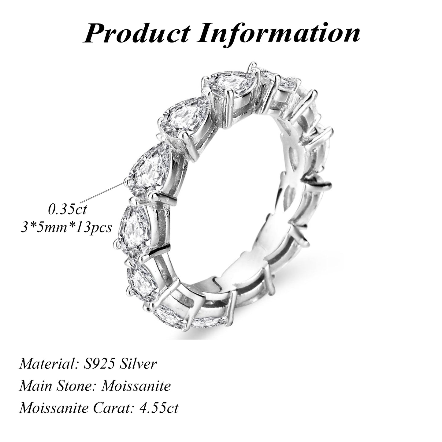 S925 Silver Luxurious Pear Cut Moissanite Tennis Ring Eternity Band 4.55ct for Wedding