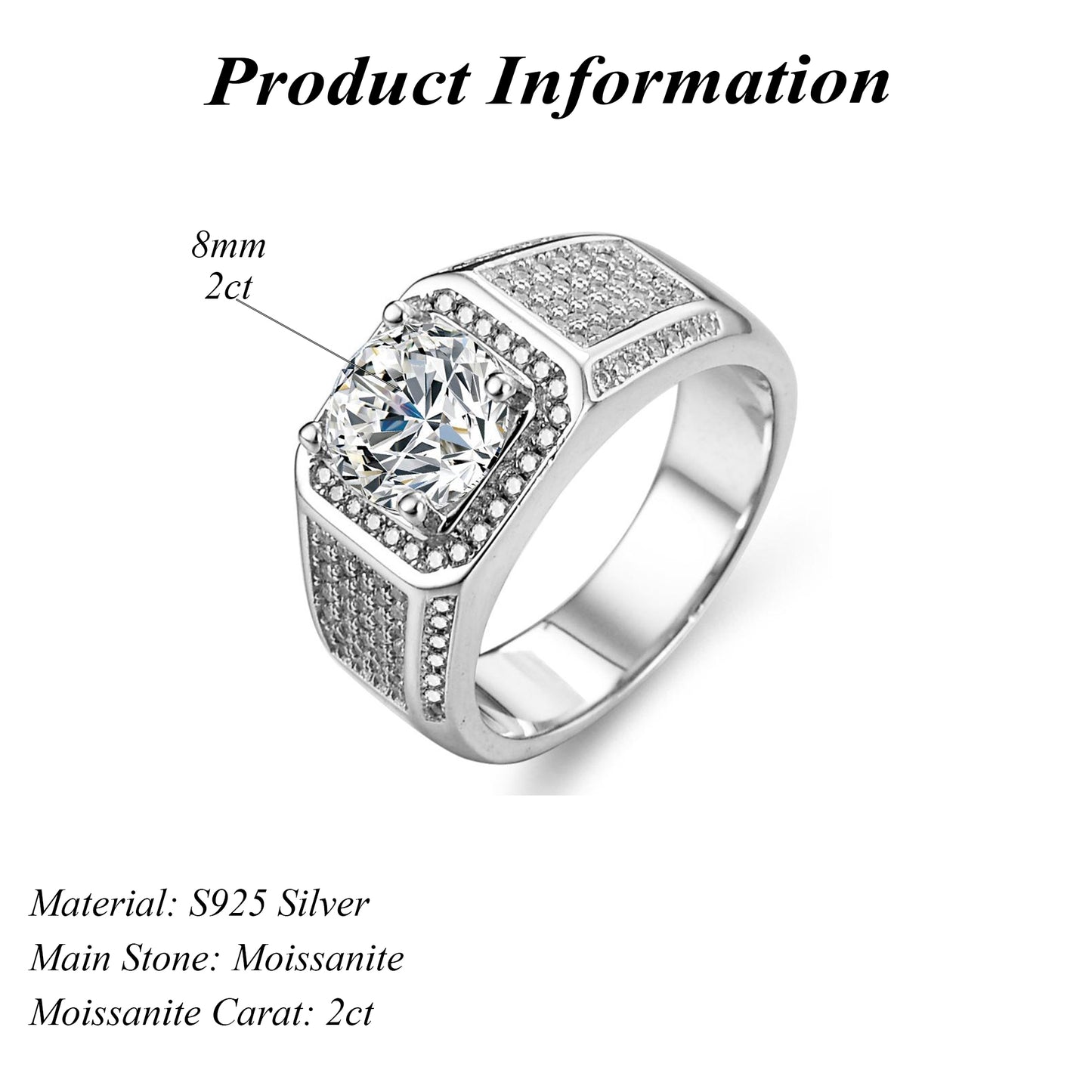 Hot Selling S925 Silver Hiphop Men's Ring Round Cut 2ct Moissanite Wedding Ring