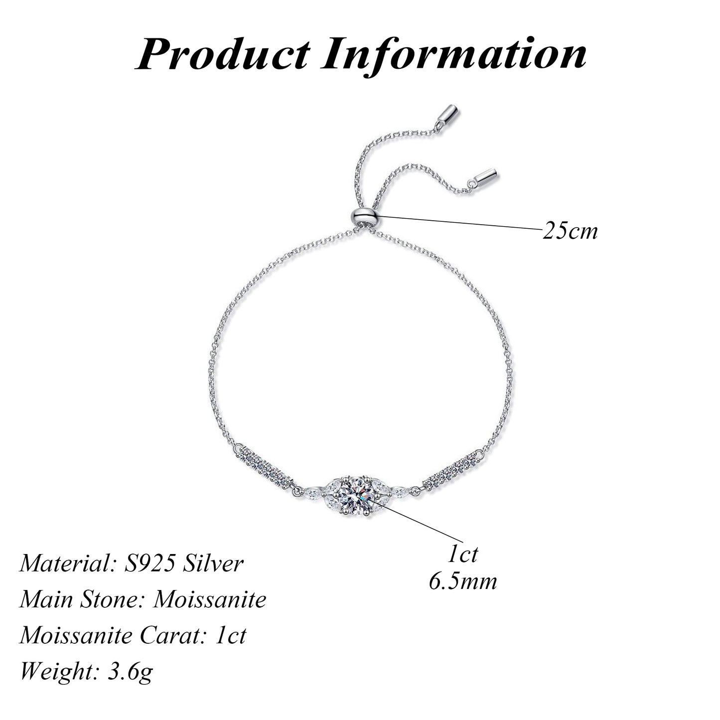 Round Cut Moissanite Bracelet Adjustable D Color 1 Carat