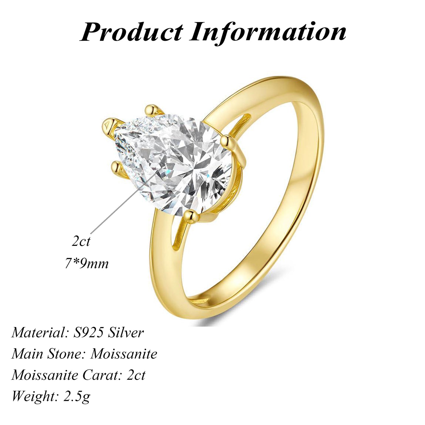 14K Gold Plated S925 Silver 2ct Solitaire Pear Cut Moissanite Engagement Ring