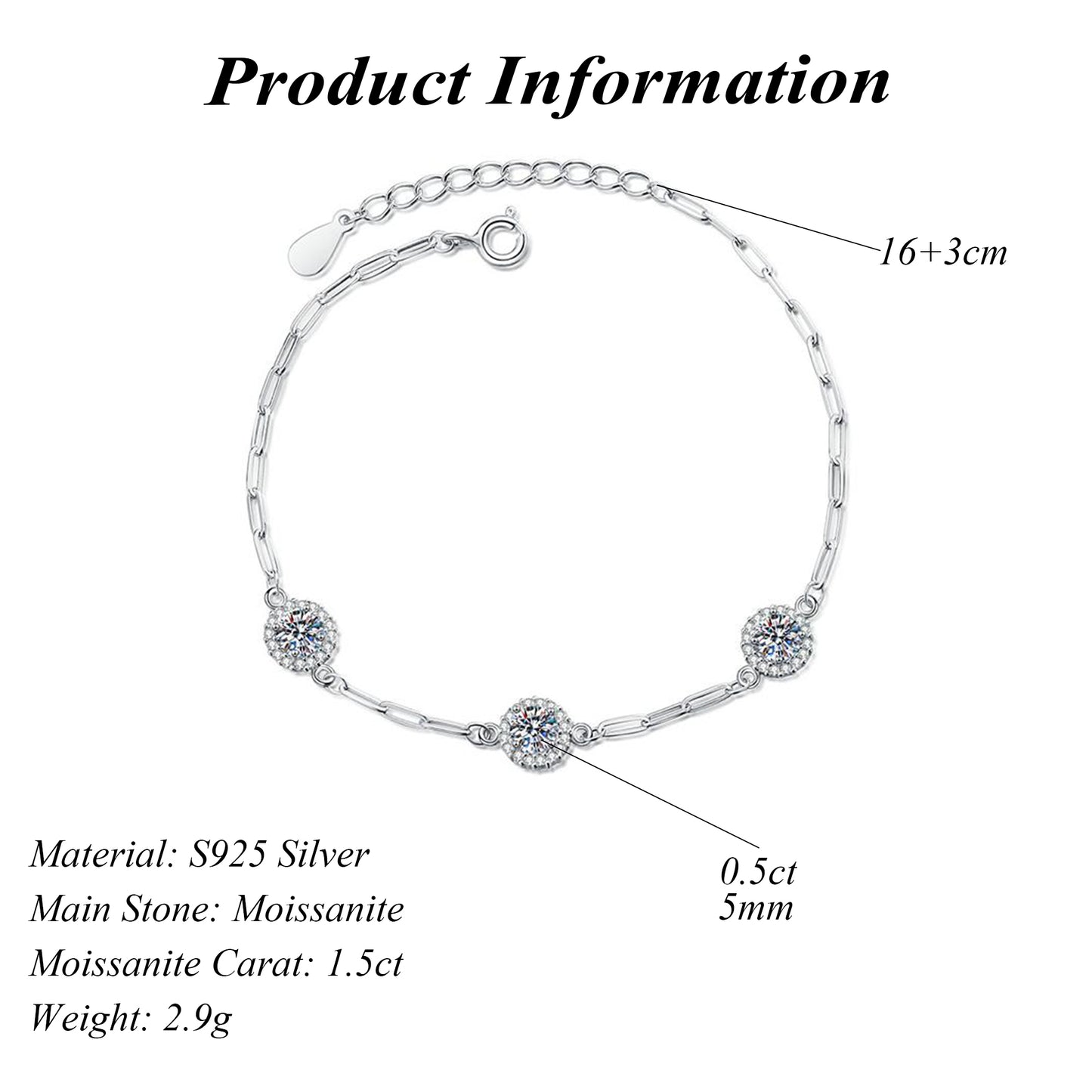 Luxury Elegant S925 Sterling Silver 1.5 Carat Round Cut Moissanite Bracelet