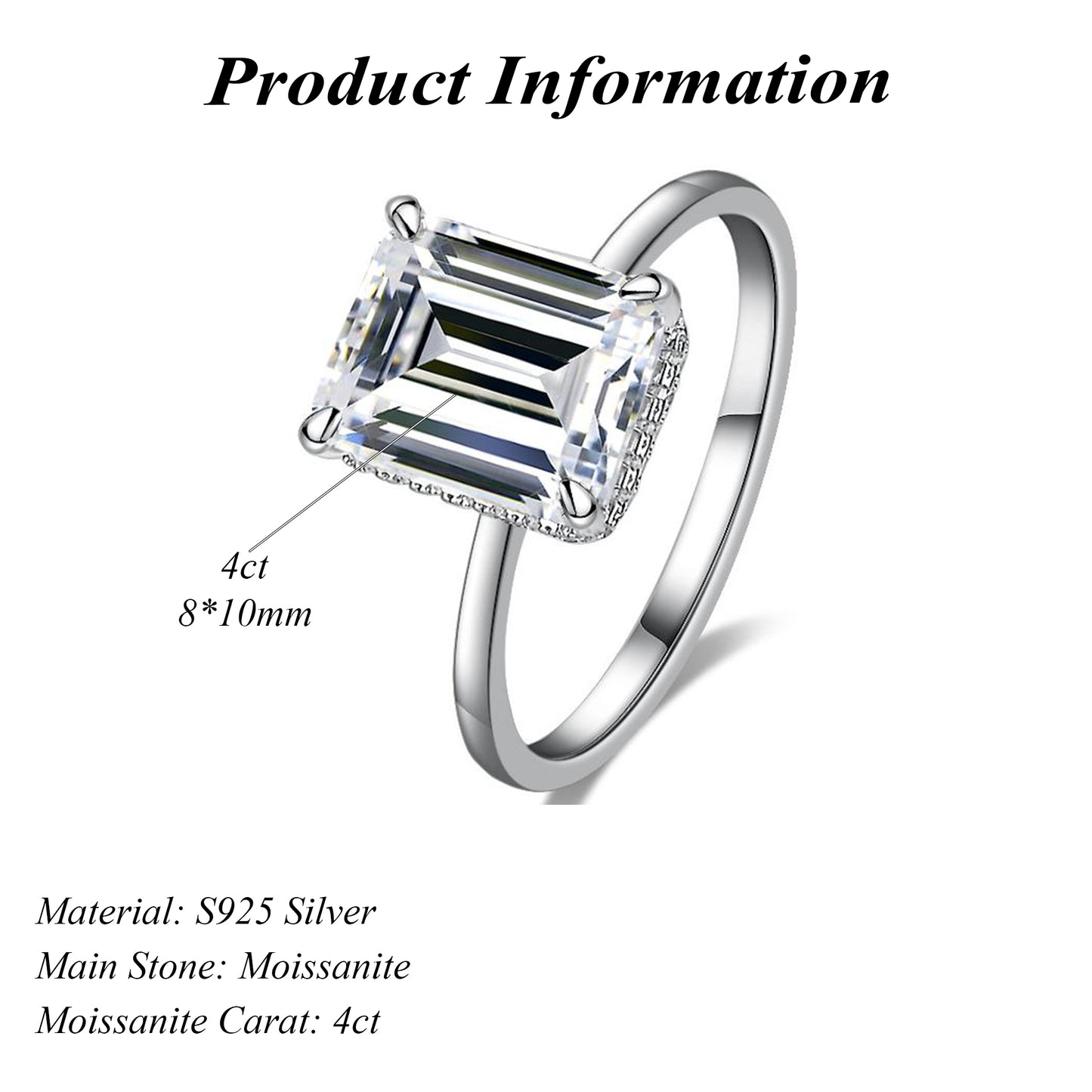 925 Sterling Silver Emerald Cut 4ct Moissanite Wedding Ring Hidden Halo