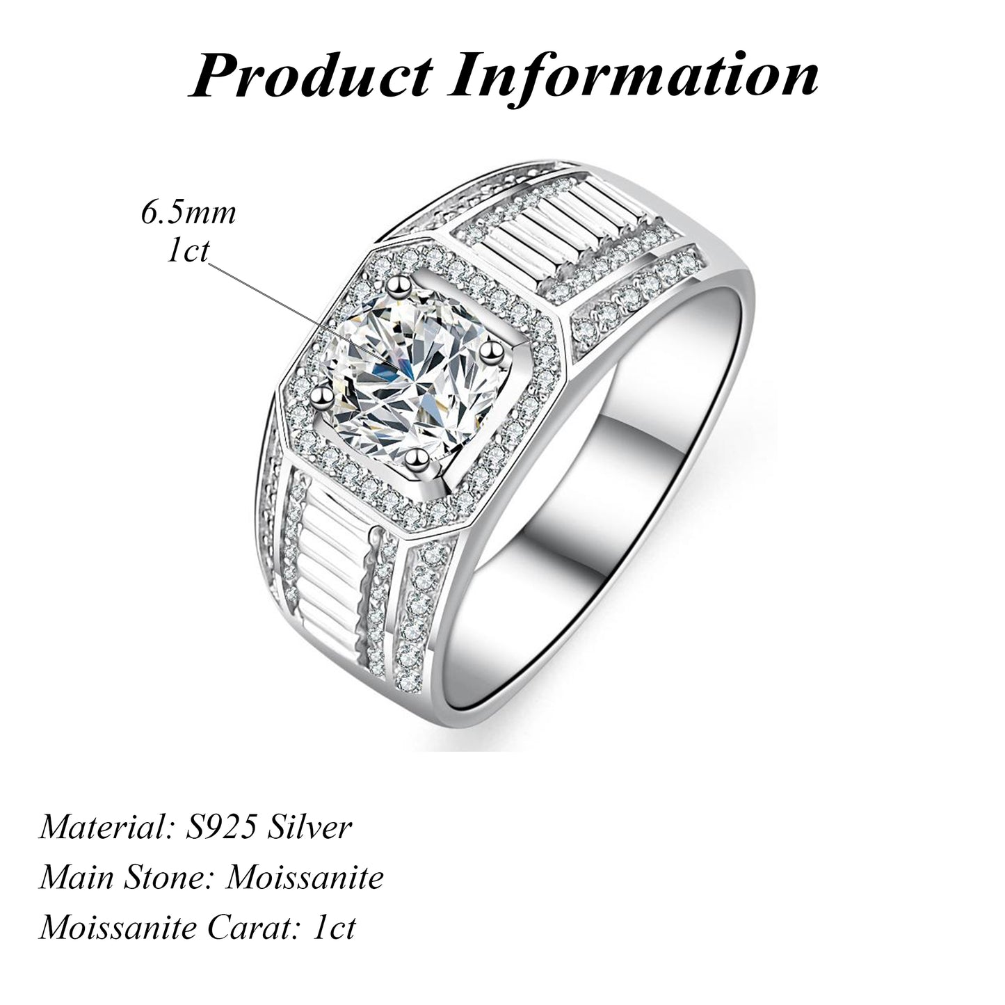 Luxury Hip Hop Men's Rings 925 Sterling Silver VVS Round Cut 1ct Moissanite Adjustable