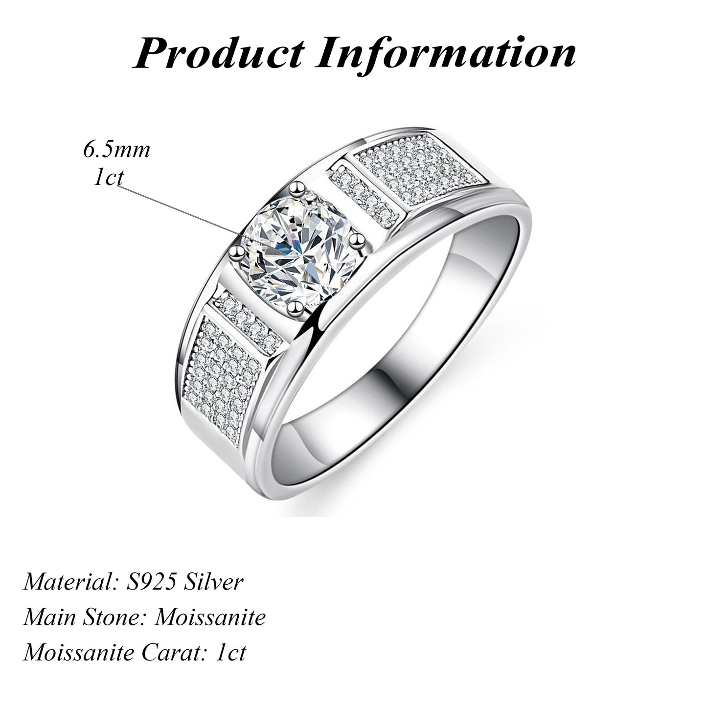 Popular 925 Sterling Silver 1ct Moissanite Engagement Ring for Men Adjustable
