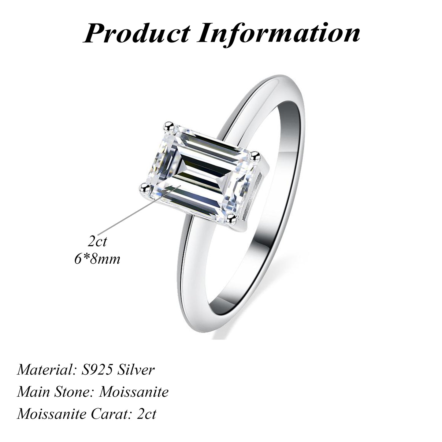 925 Sterling Silver Emerald Cut 2ct Moissanite Wedding Ring Solitaire