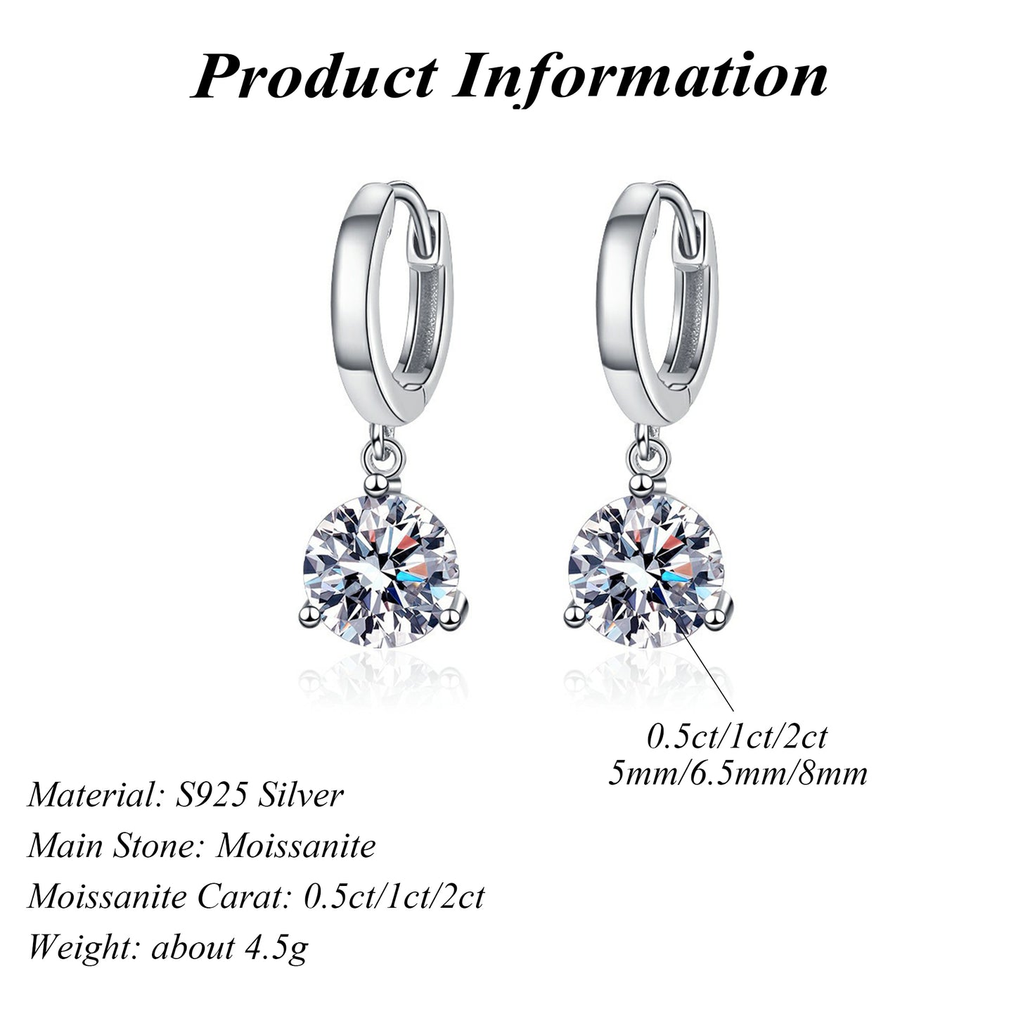 Classic S925 Sterling Silver Three-Claw Round Cut Moissanite Hoop Earrings