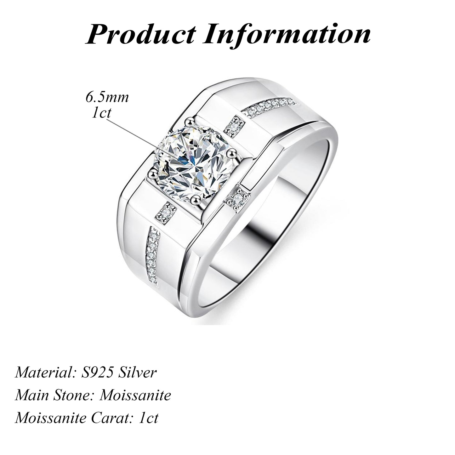 Luxurious Hip Hop Sterling Silver 925 Round Cut 1ct Moissanite Men's Ring