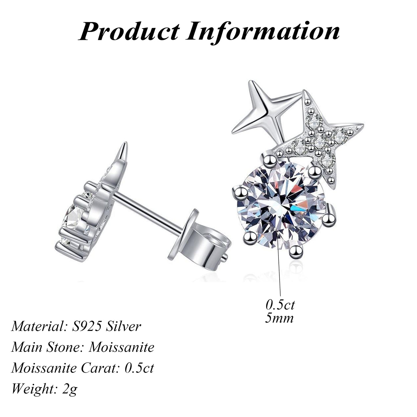 S925 Sterling Silver DEF Round Cut Moissanite Earrings Female 0.5ct