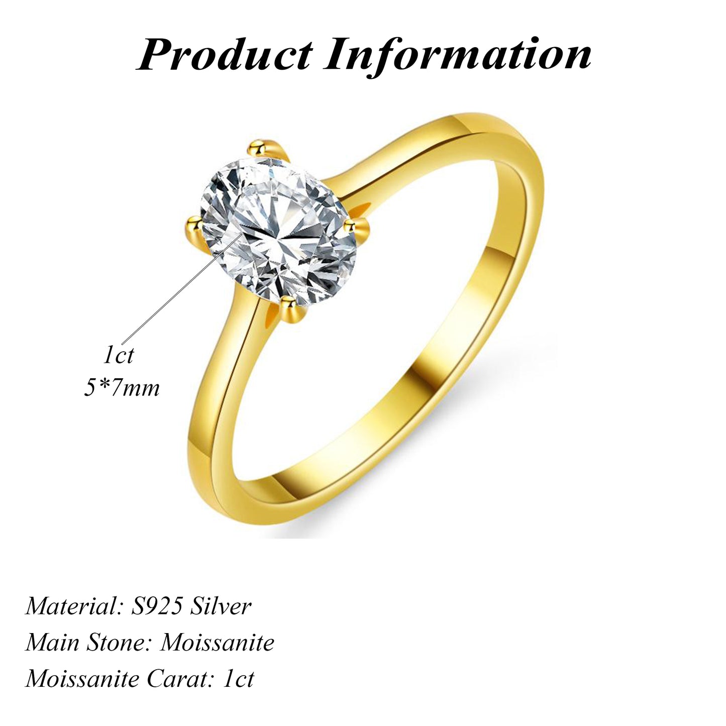 14K Gold Plated Oval Cut 1ct Solitaire Moissanite Engagement Ring