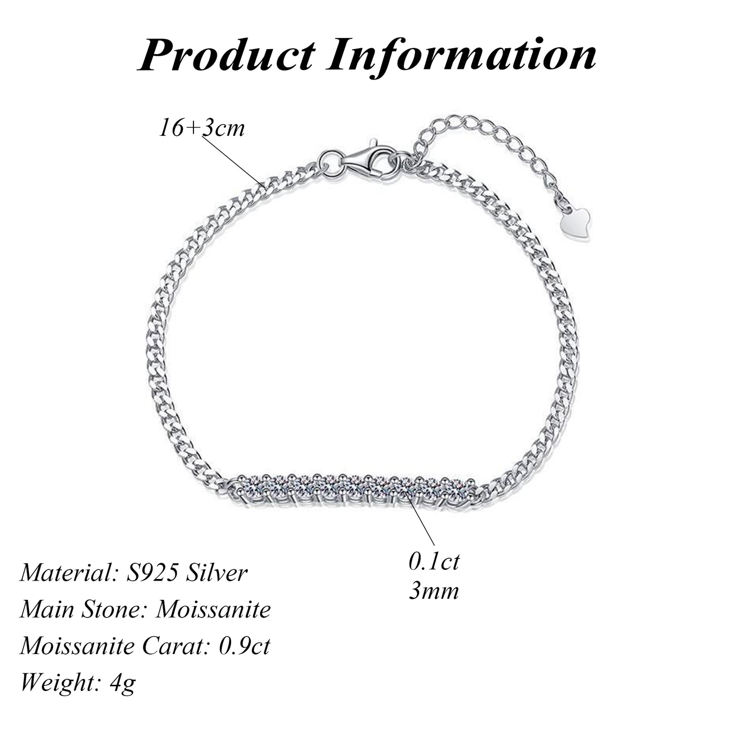 925 Sterling Silver 3mm Round Cut Moissanite Bracelet 0.9ct