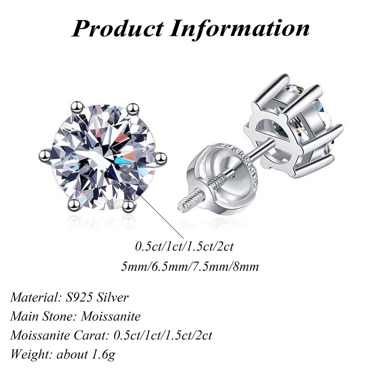 Delicate 925 Sterling Silver with 0.5/1/1.5/2 Carat Round Cut Moissanite Earrings