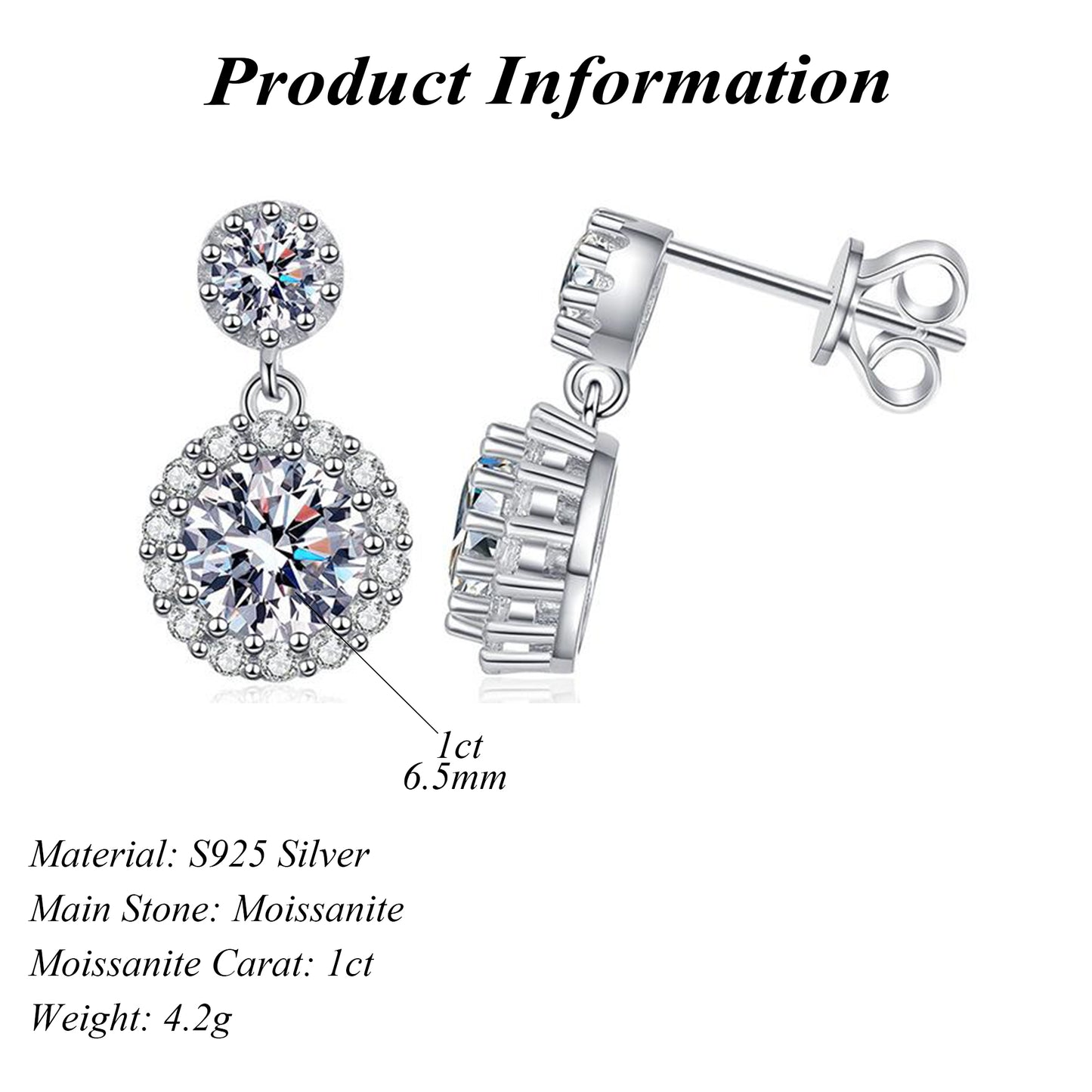 D Color Round Cut Moissanite S925 Sterling Silver Drop Earrings 1ct