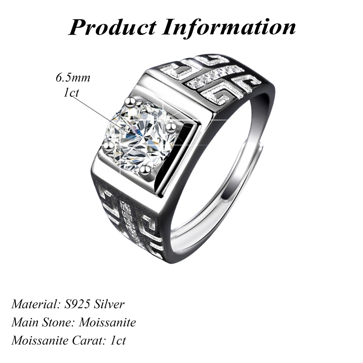 Trendy 925 Sterling Silver Wedding 1ct Round Cut Moissanite Ring for Men Adjustable