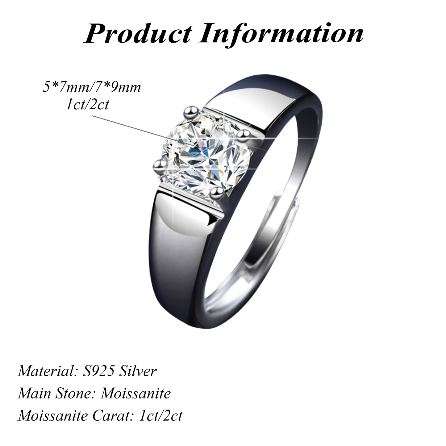Simple Adjustable Rhodium Plated S925 Silver Men's Ring 1ct/2ct Oval Cut Moissanite