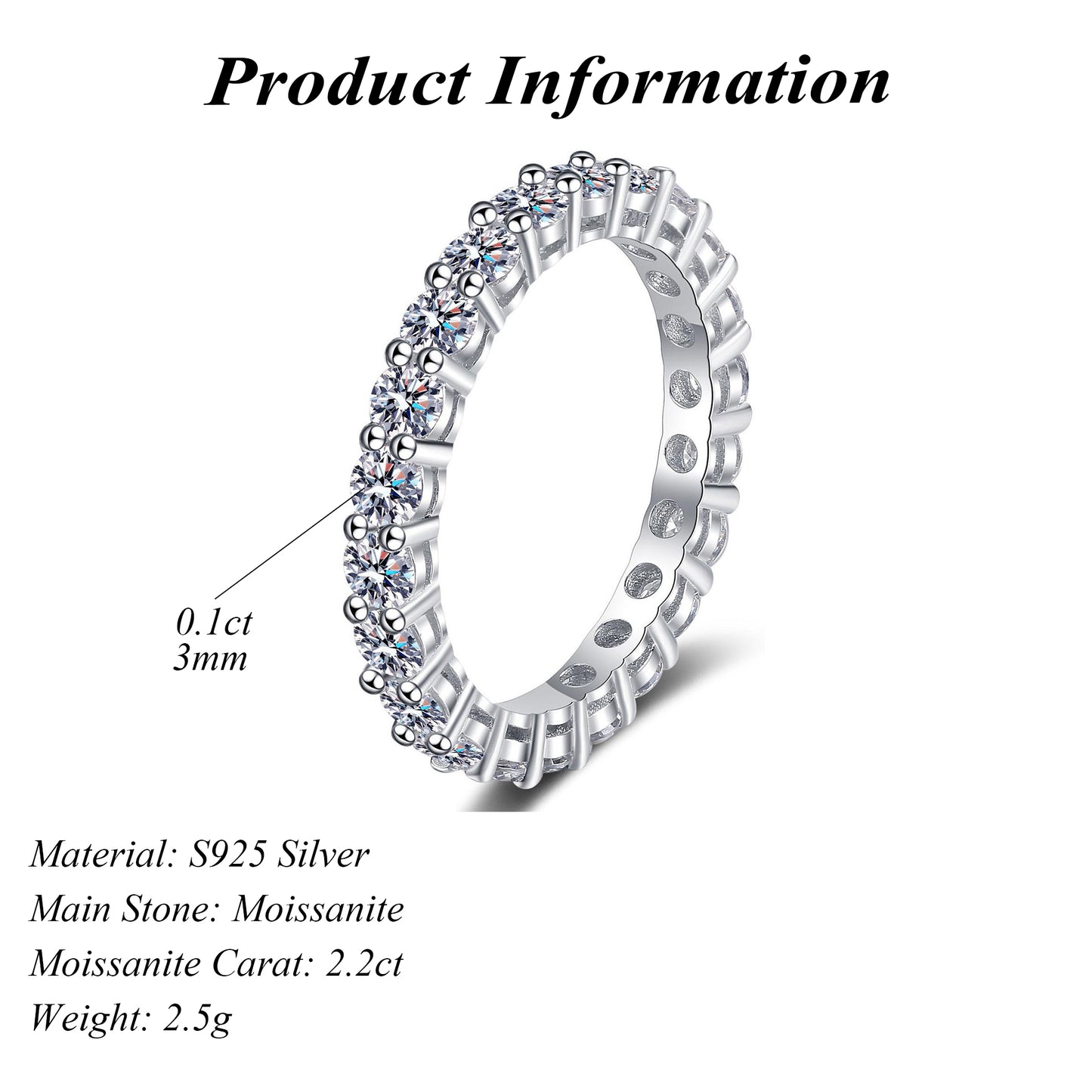 925 Silver Moissanite Eternity Ring Round Cut 2.2ct Full Finger Band
