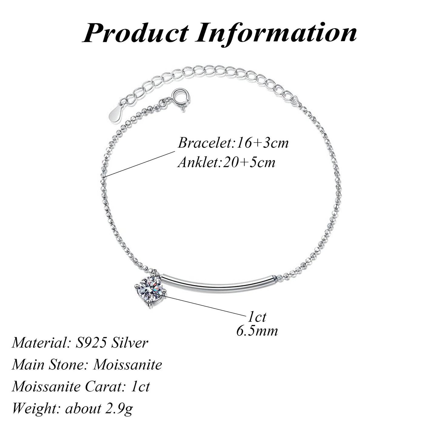 S925 Sterling Silver Moissanite Bracelet Half Moon Curved 1 Carat