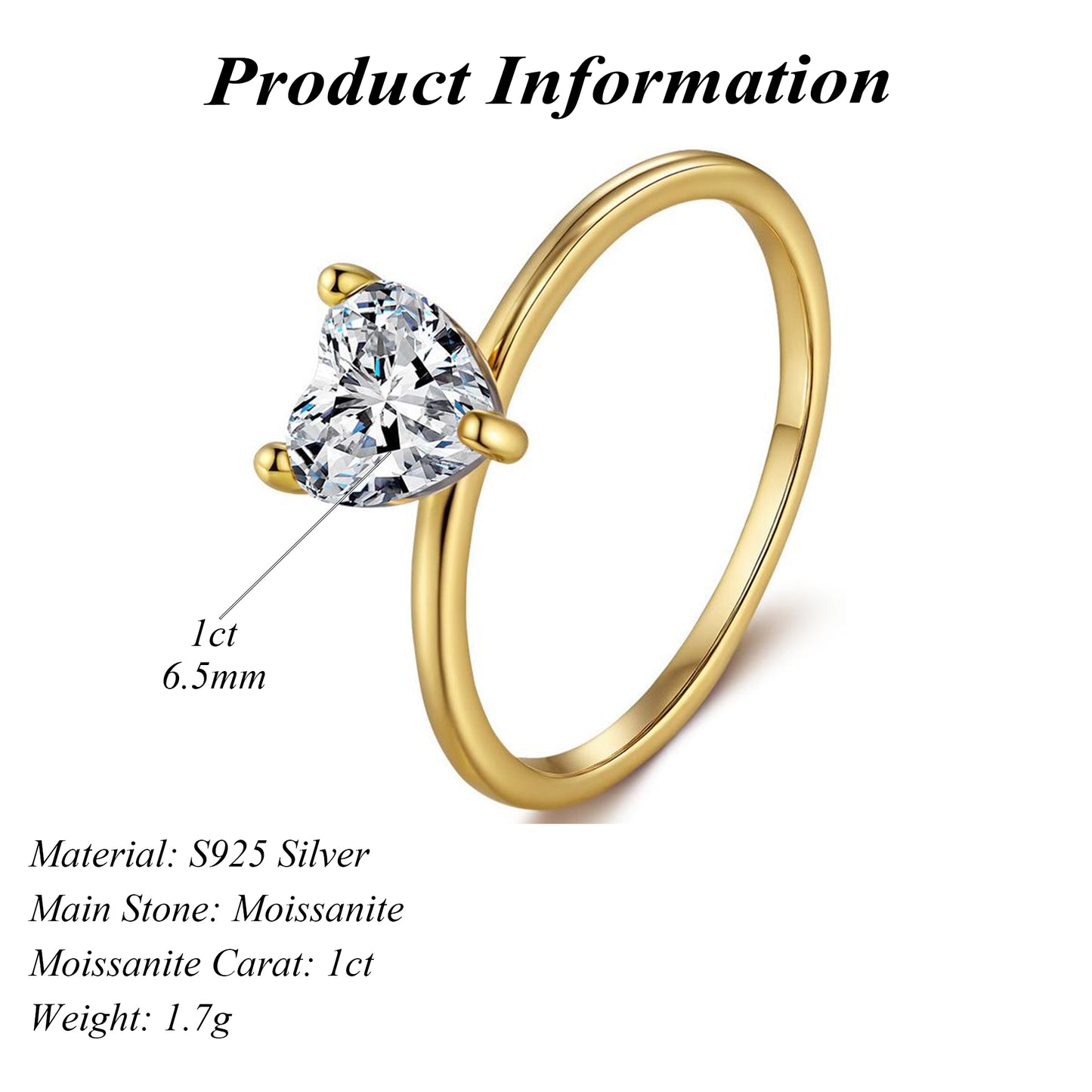 14K Gold Plated S925 Silver 1ct Heart Cut Solitaire Moissanite Wedding Rings