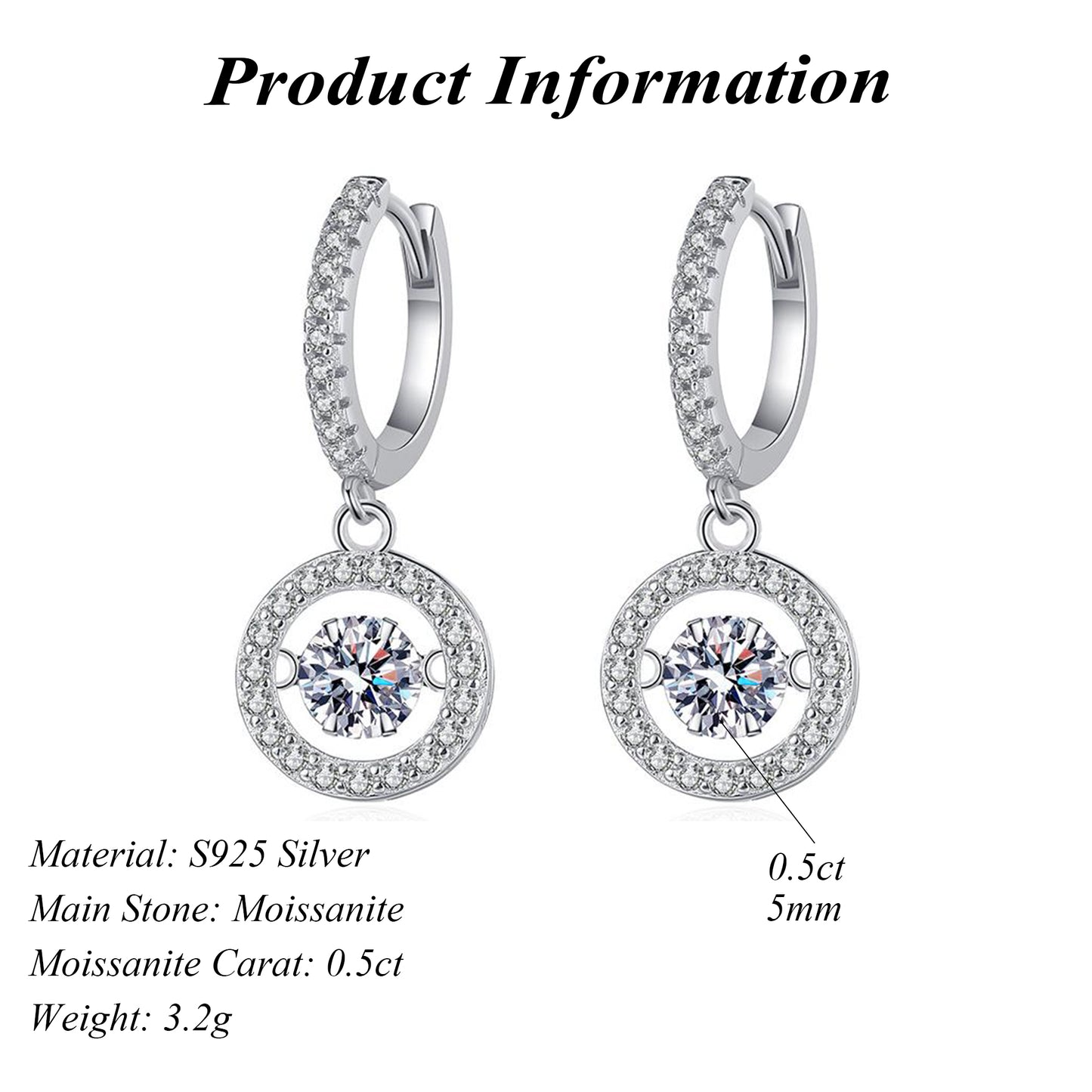 Trendy Round Shape DEF Moissanite Drop Earrings 925 Sterling Silver 0.5ct