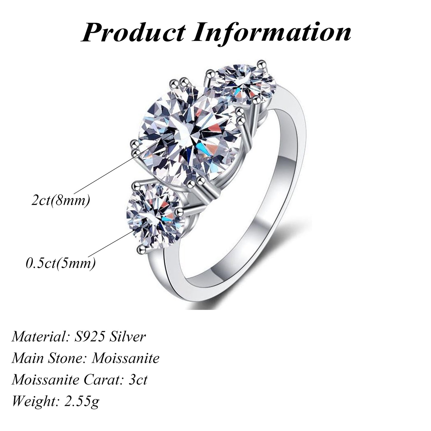 S925 Sterling Silver Round Cut Moissanite Proposal Ring 3ct