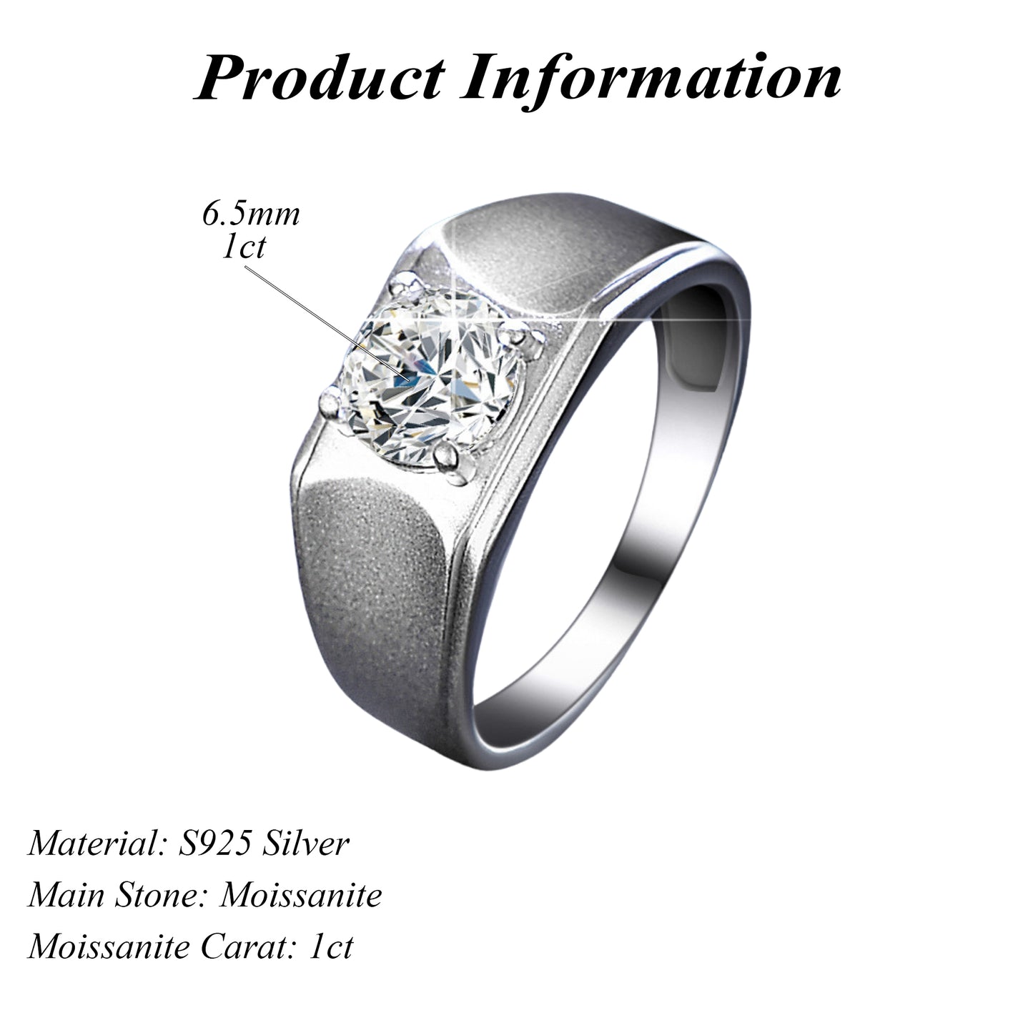 925 Sterling Silver Brushed VVS Round Cut 1ct Moissanite Rings for Men