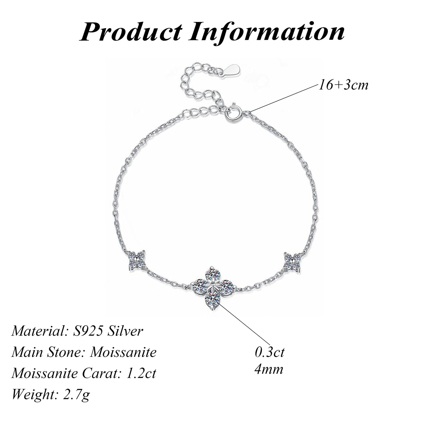 Four-leaf Clover Round Cut Moissanite S925 Sterling Silver Bracelet