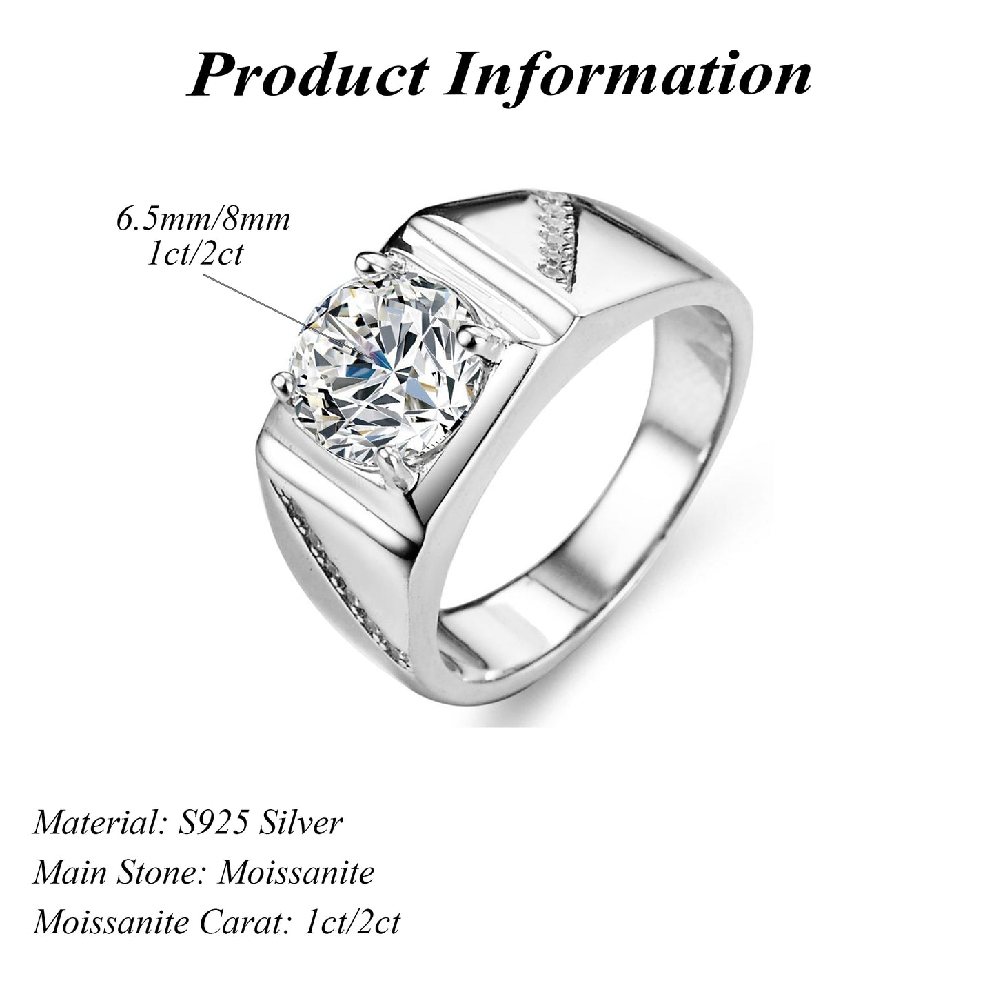 Luxury Fine Jewelry S925 Silver Round Cut 1ct/2ct Moissanite Men's Ring