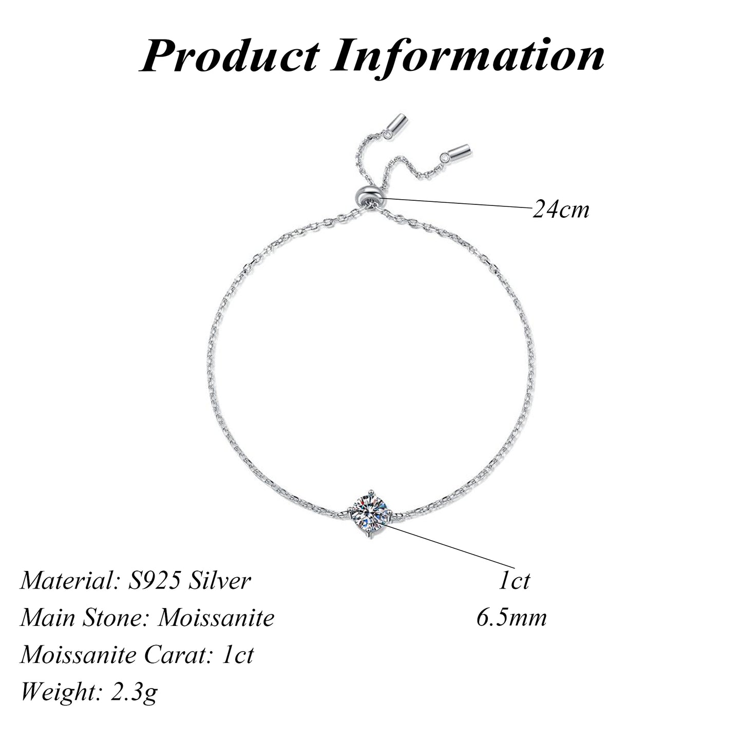 S925 Sterling Silver 1 Carat Moissanite Bracelet Classic Four Claw Ins Style