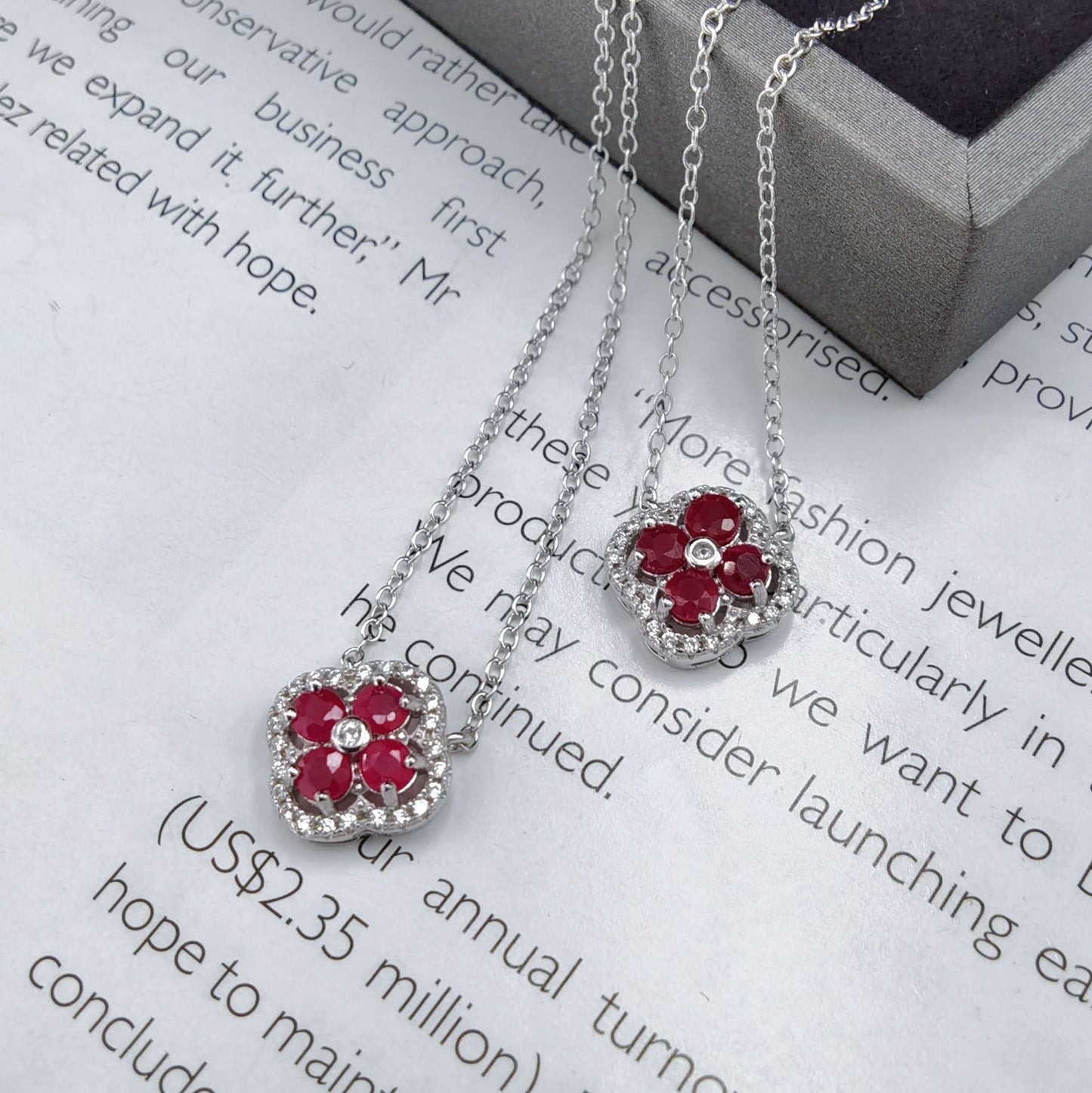 Noble Rhodium & Silver 925 Fine Jewelry Necklace Natural Ruby Four Leaf Clover