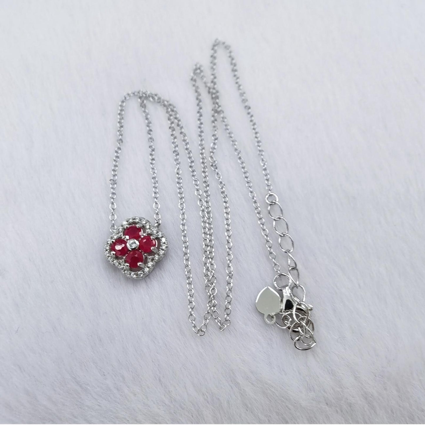 Noble Rhodium & Silver 925 Fine Jewelry Necklace Natural Ruby Four Leaf Clover