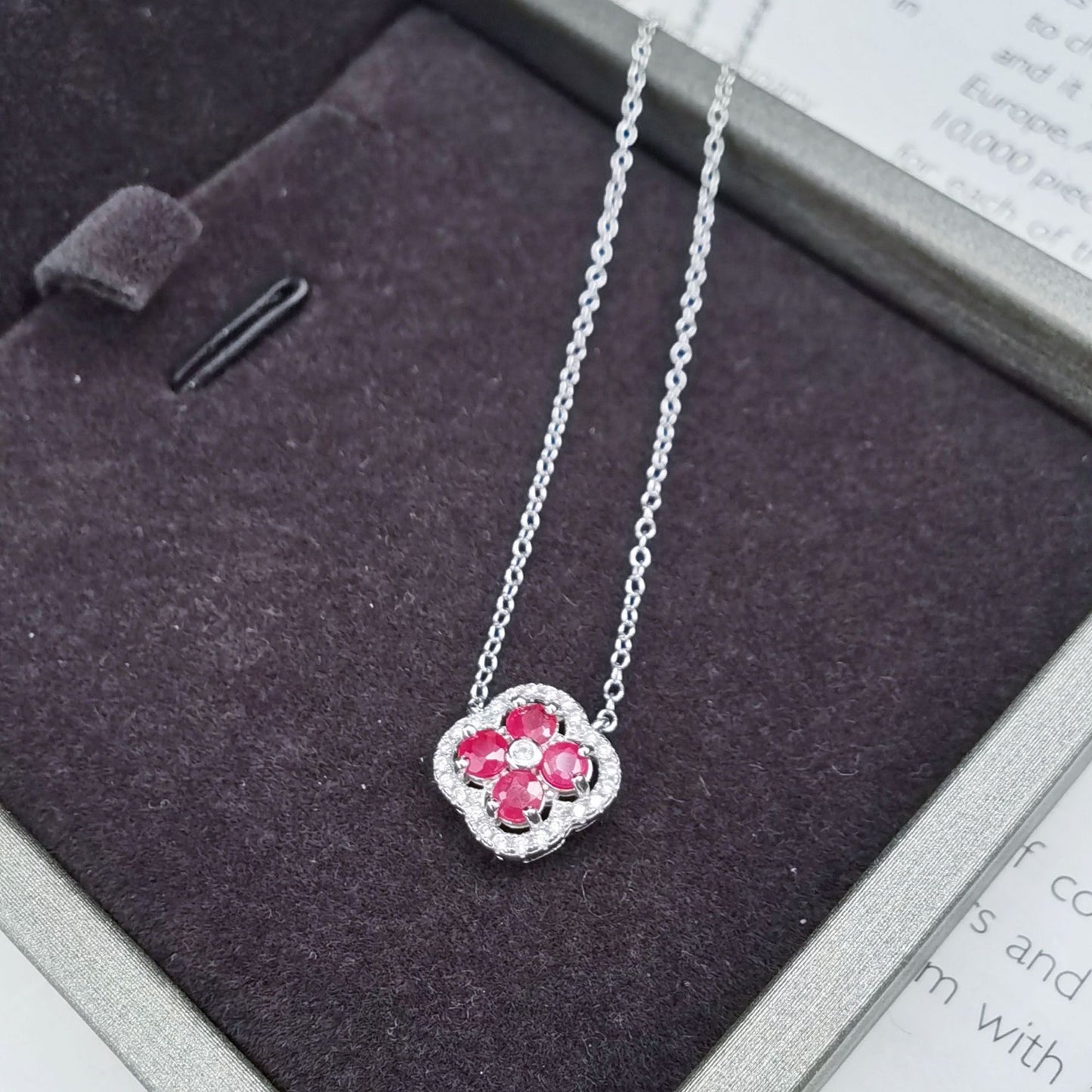 Noble Rhodium & Silver 925 Fine Jewelry Necklace Natural Ruby Four Leaf Clover