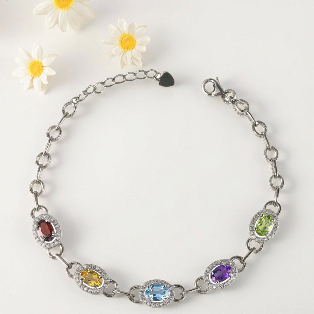 Dazzling Rhodium Plated Silver 925 Jewelry Multiple Natural Gemstone Bracelet