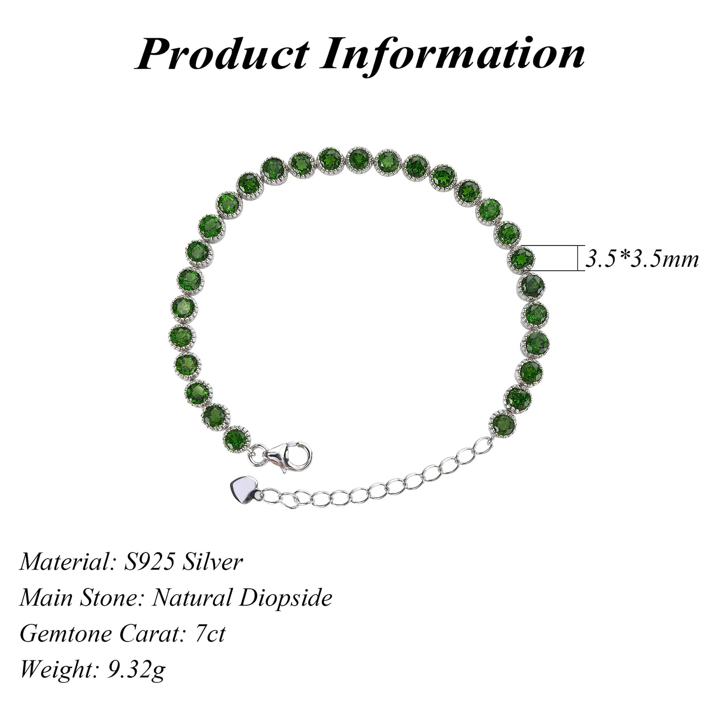 925 Sterling Silver Natural Diopside Bracelet for Women Gorgeous Rhodium Plated Classic Fine Jewelry for Weddings Parties Gifts