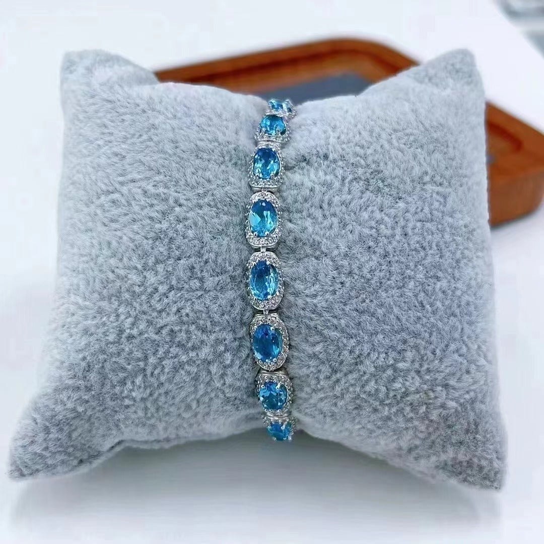 Exquisite Rhodium Plated 925 Sterling Silver Natural Swiss Blue Topaz Bracelet