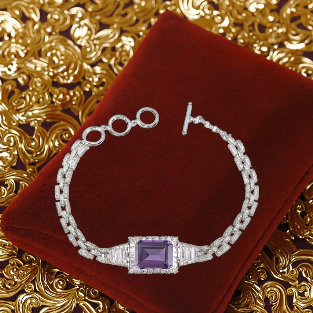 Precious Rhodium Plated 925 Silver Natural Amethyst Bracelet