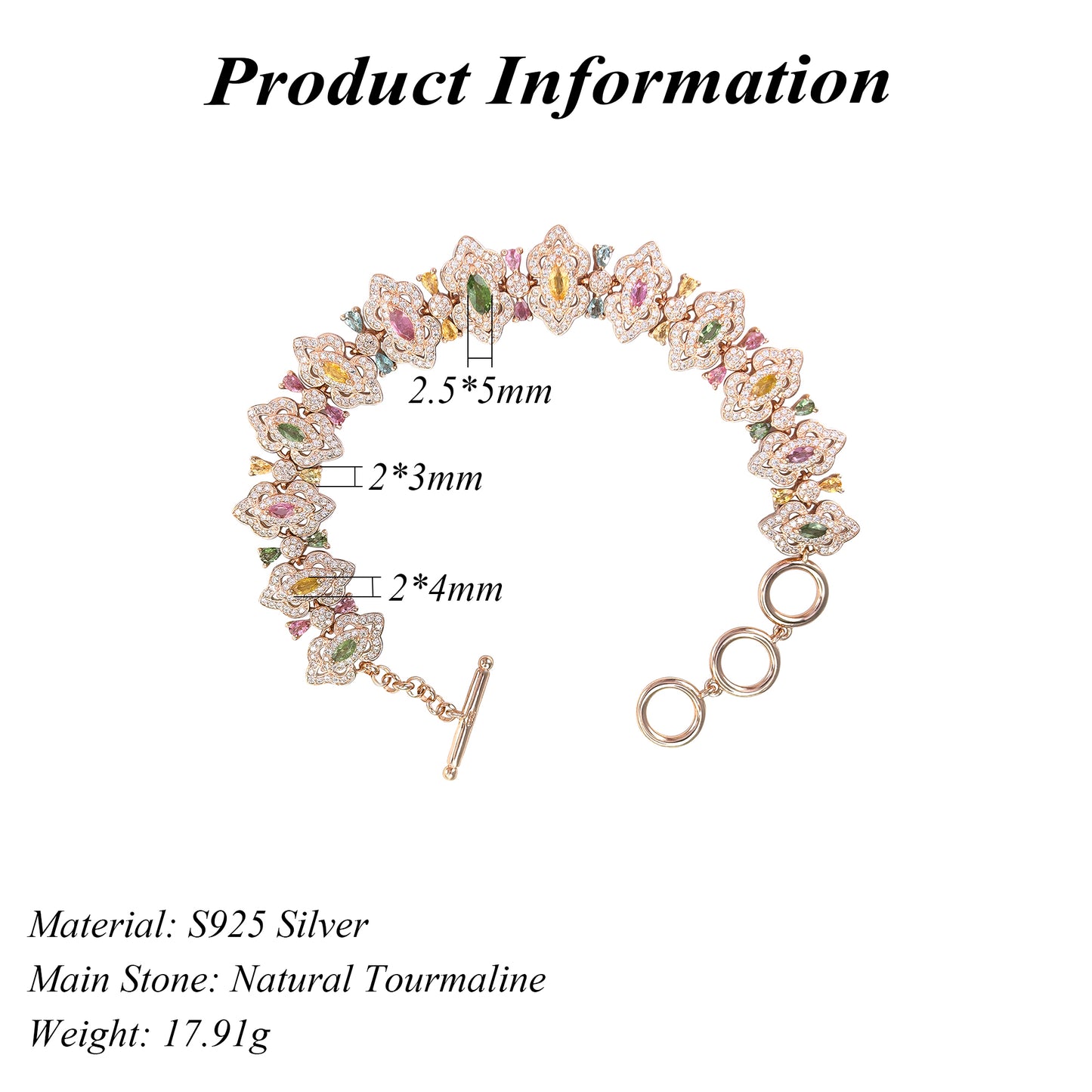 Luxurious 925 Sterling Silver Natural Tourmaline Bracelet Rose Gold Plated