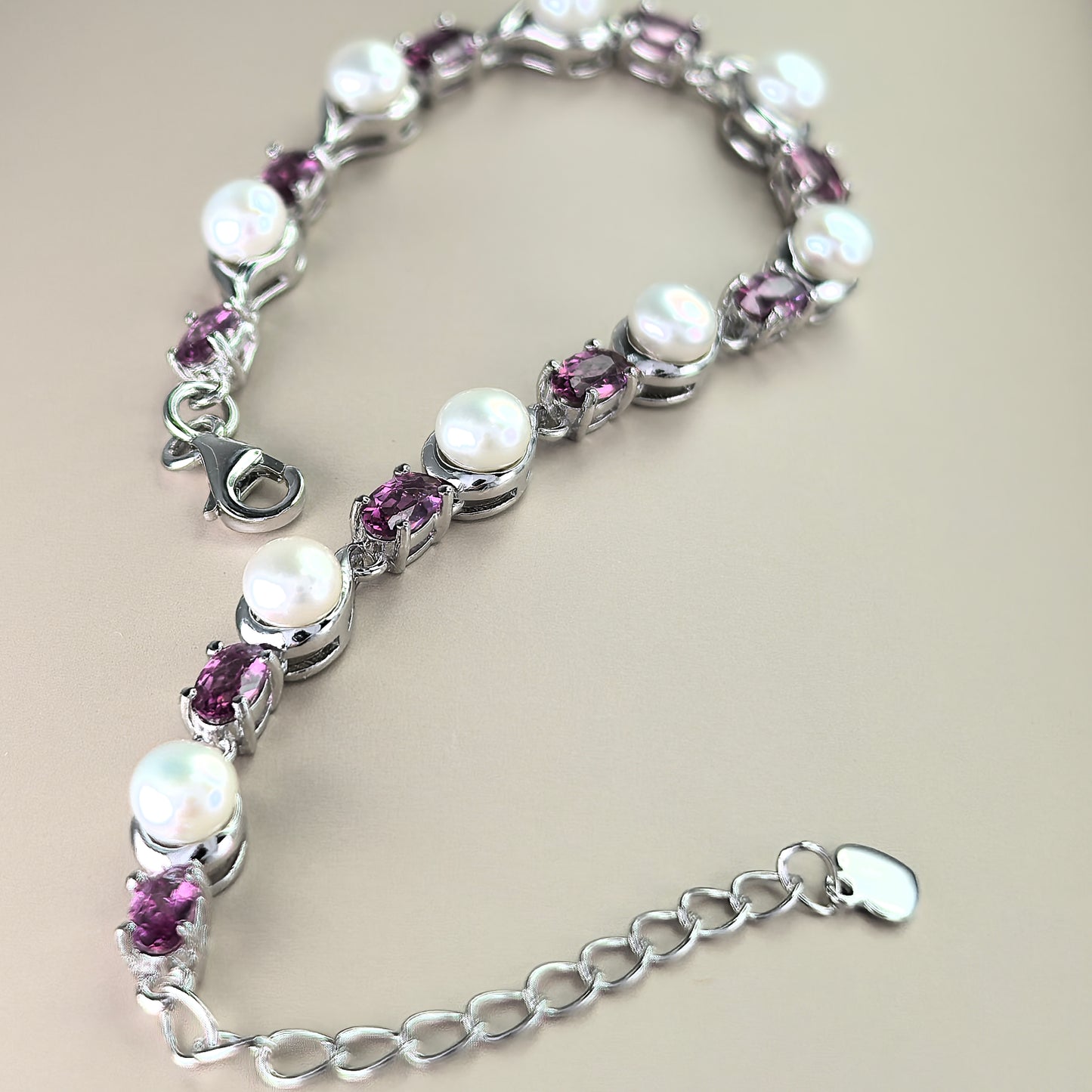 Elegant Rhodium Plated 925 Sterling Silver Freshwater Pearl Bracelet
