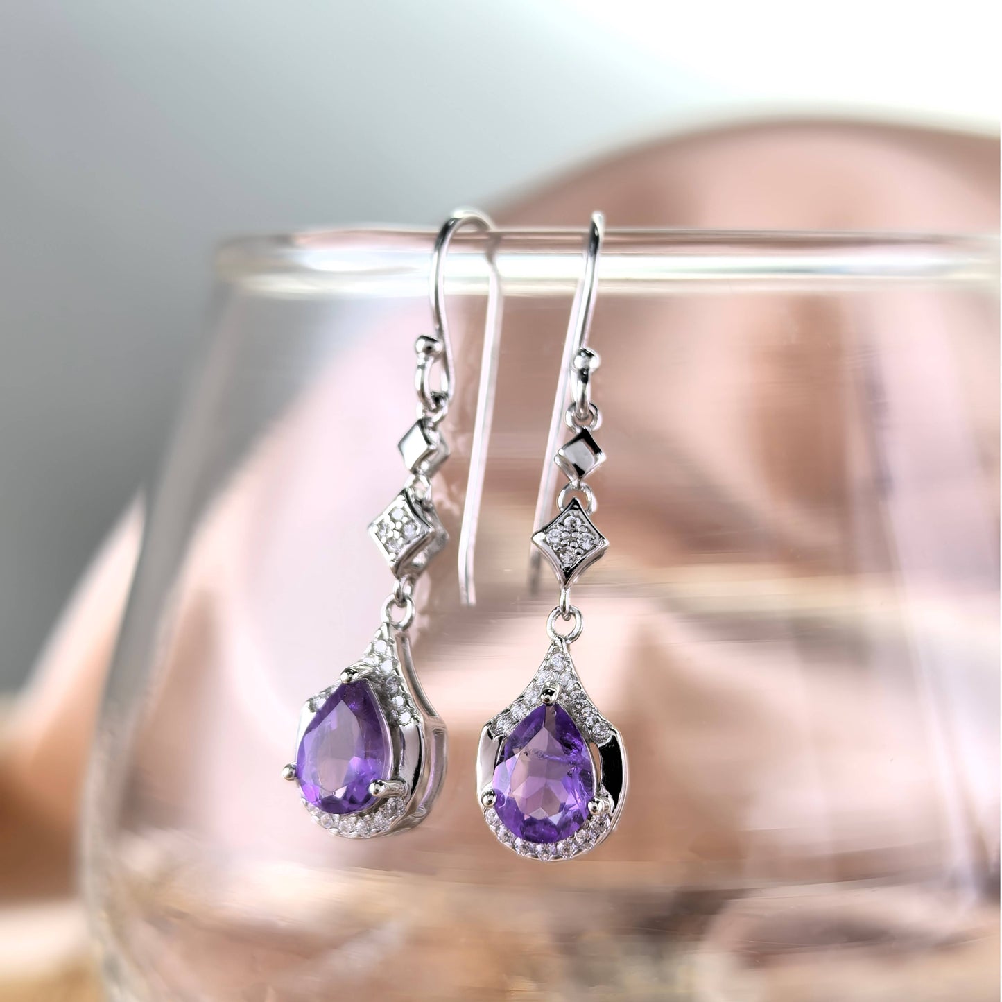 Delicate Rhodium Plated 925 Silver Jewelry Natural Amethyst Drop Earrings