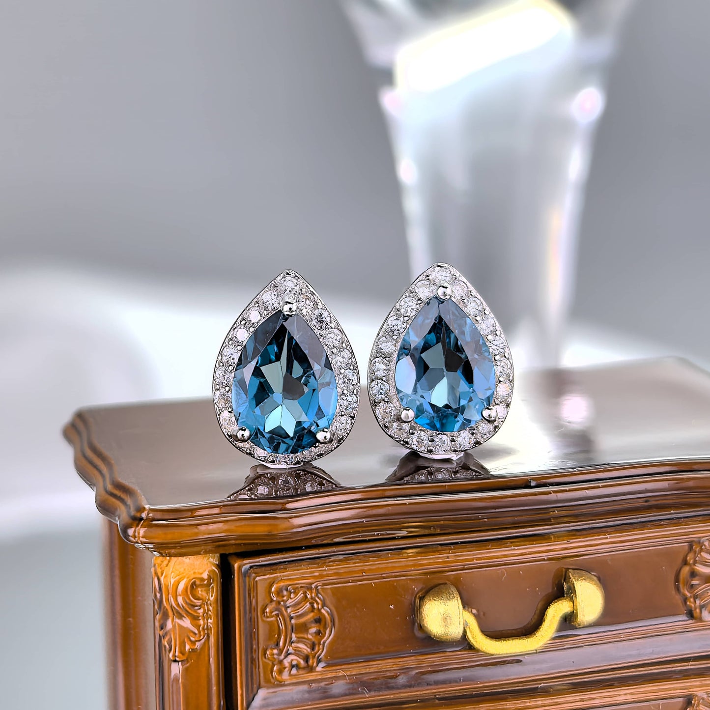 925 Silver Sparkling Rhodium Plated Natural London Blue Topaz Stud Earrings