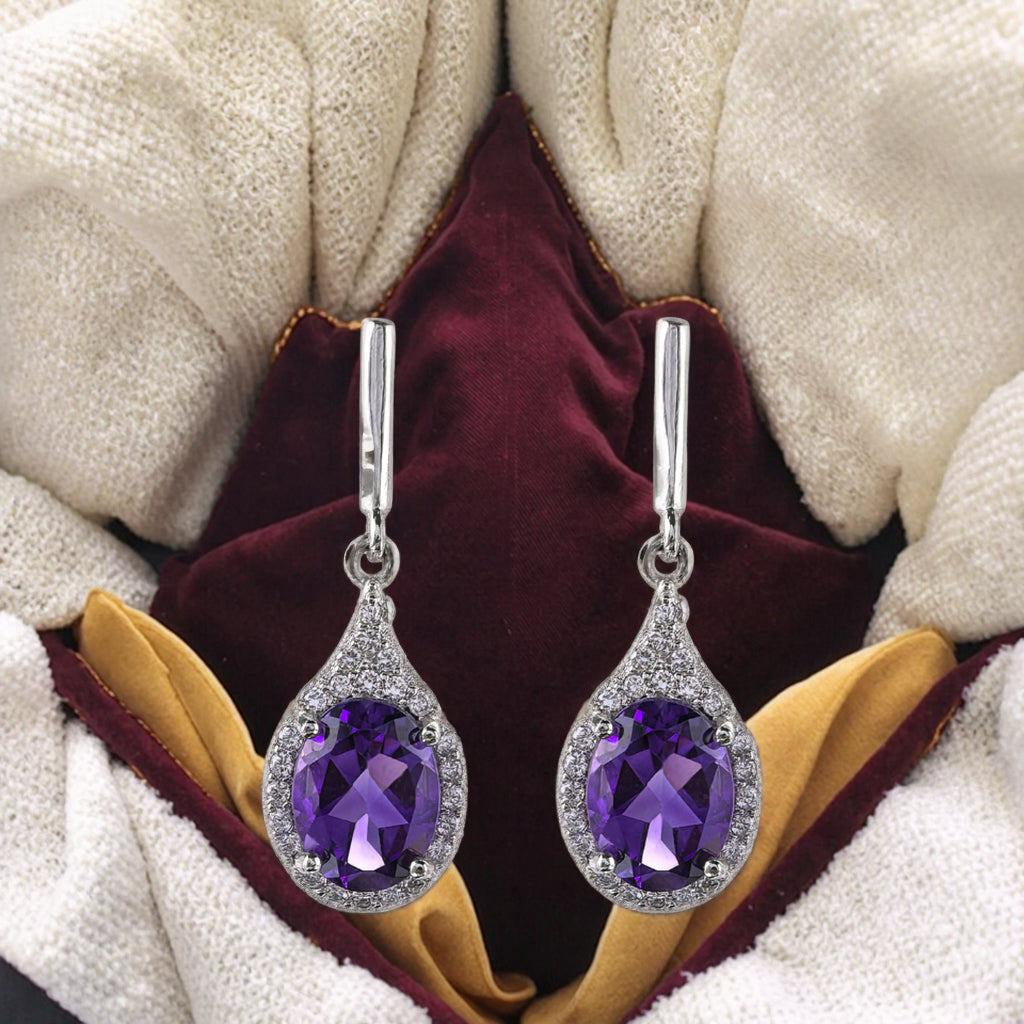 Vintage Silver 925 Rhodium Plated Natural Amethyst Drop Earrings