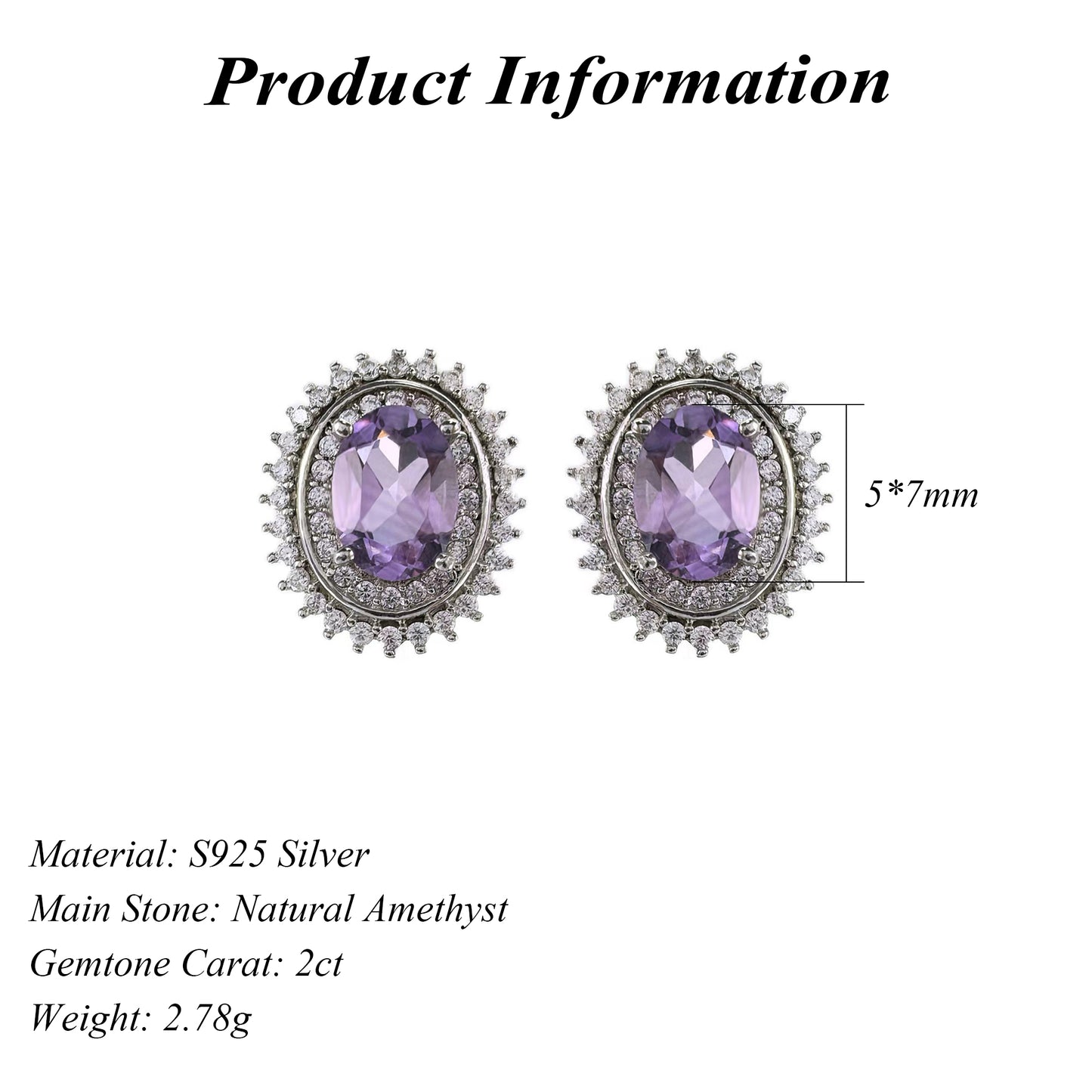 Sparkling Rhodium Plated 925 Sterling Silver Natural Amethyst Stud Earrings