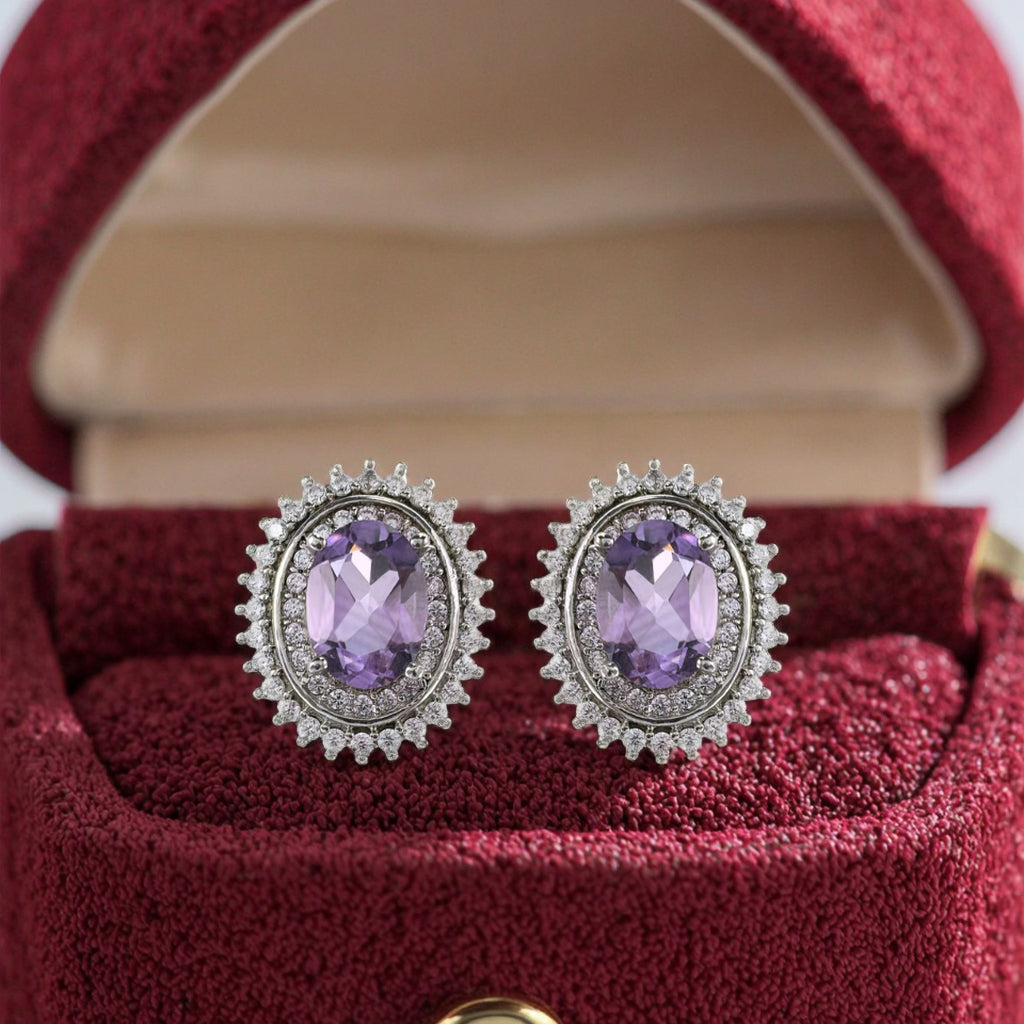 Sparkling Rhodium Plated 925 Sterling Silver Natural Amethyst Stud Earrings