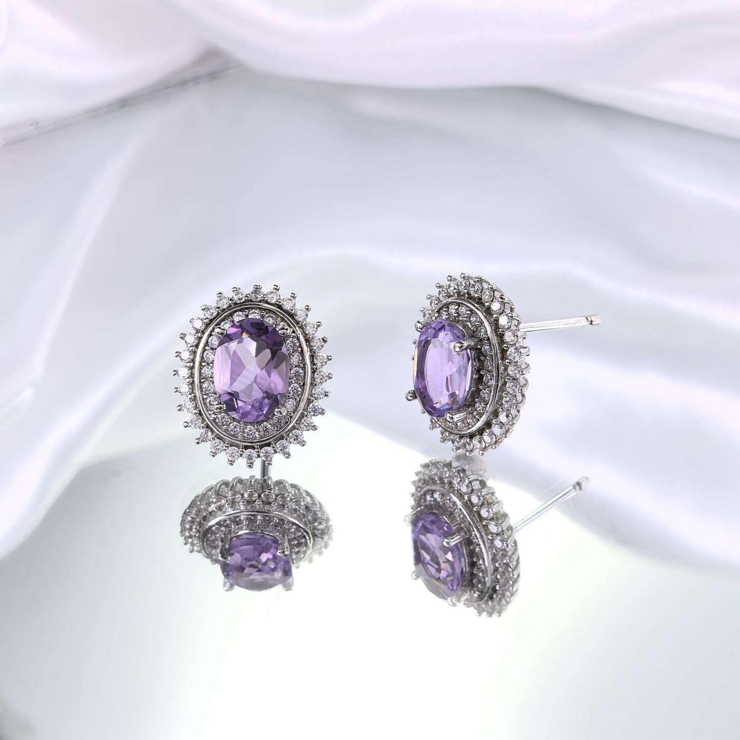 Sparkling Rhodium Plated 925 Sterling Silver Natural Amethyst Stud Earrings