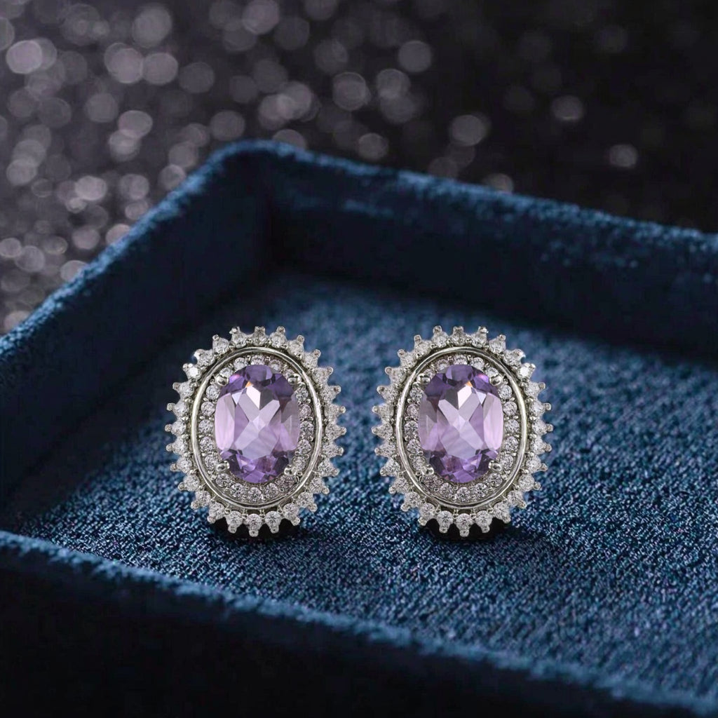 Sparkling Rhodium Plated 925 Sterling Silver Natural Amethyst Stud Earrings