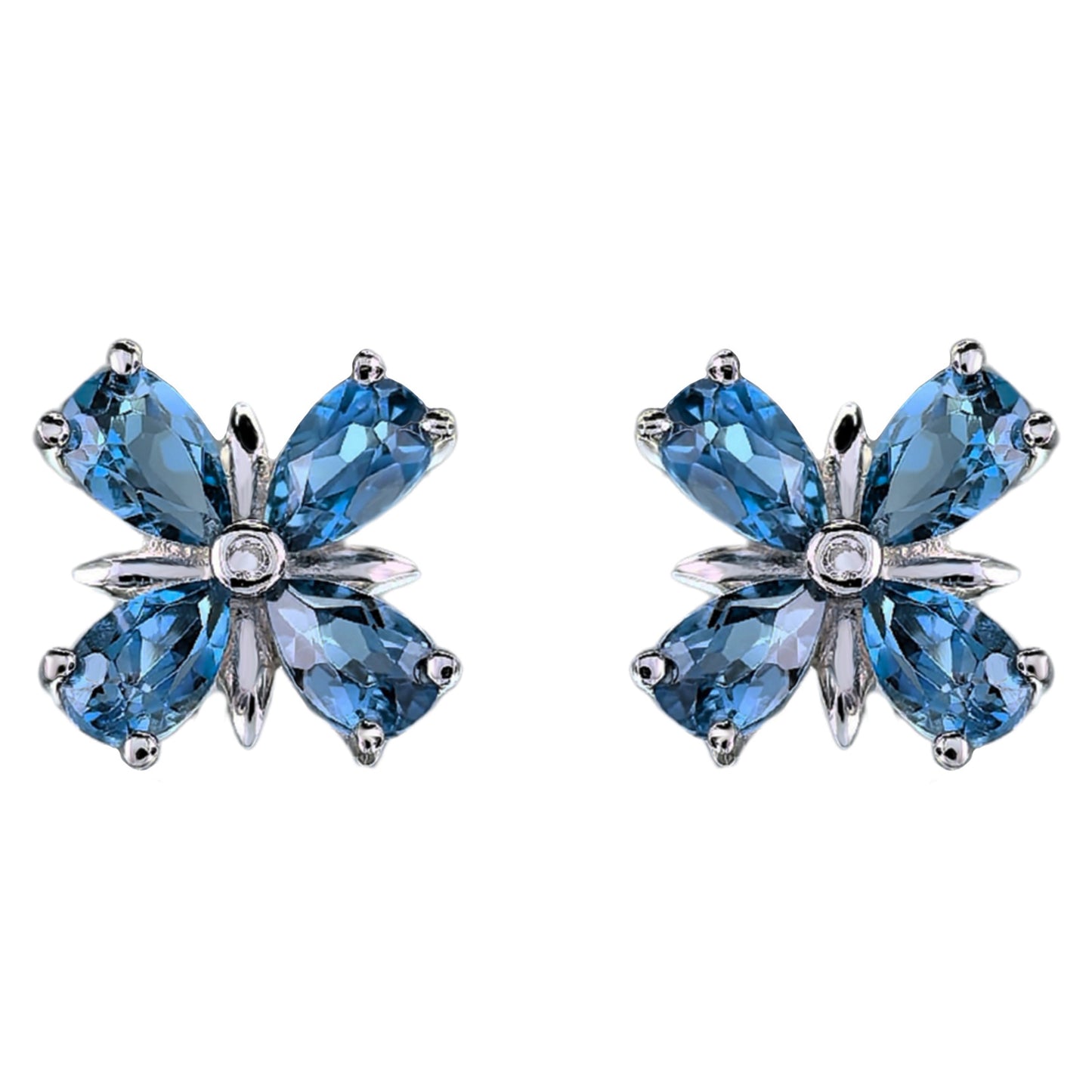 Rhodium Plated 925 Sterling Silver Natural London Blue Topaz Four Leaf Clover Stud Earrings