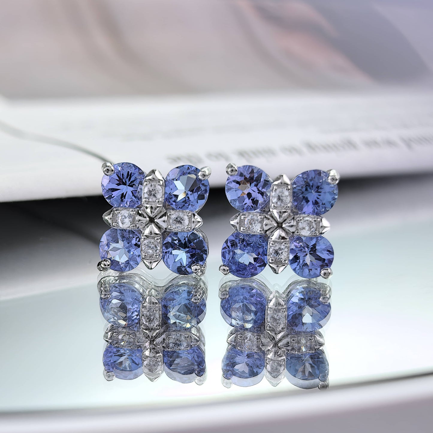 Rhodium Plated 925 Silver Jewelry Natural Tanzanite Four Leaf Clover Stud Earrings