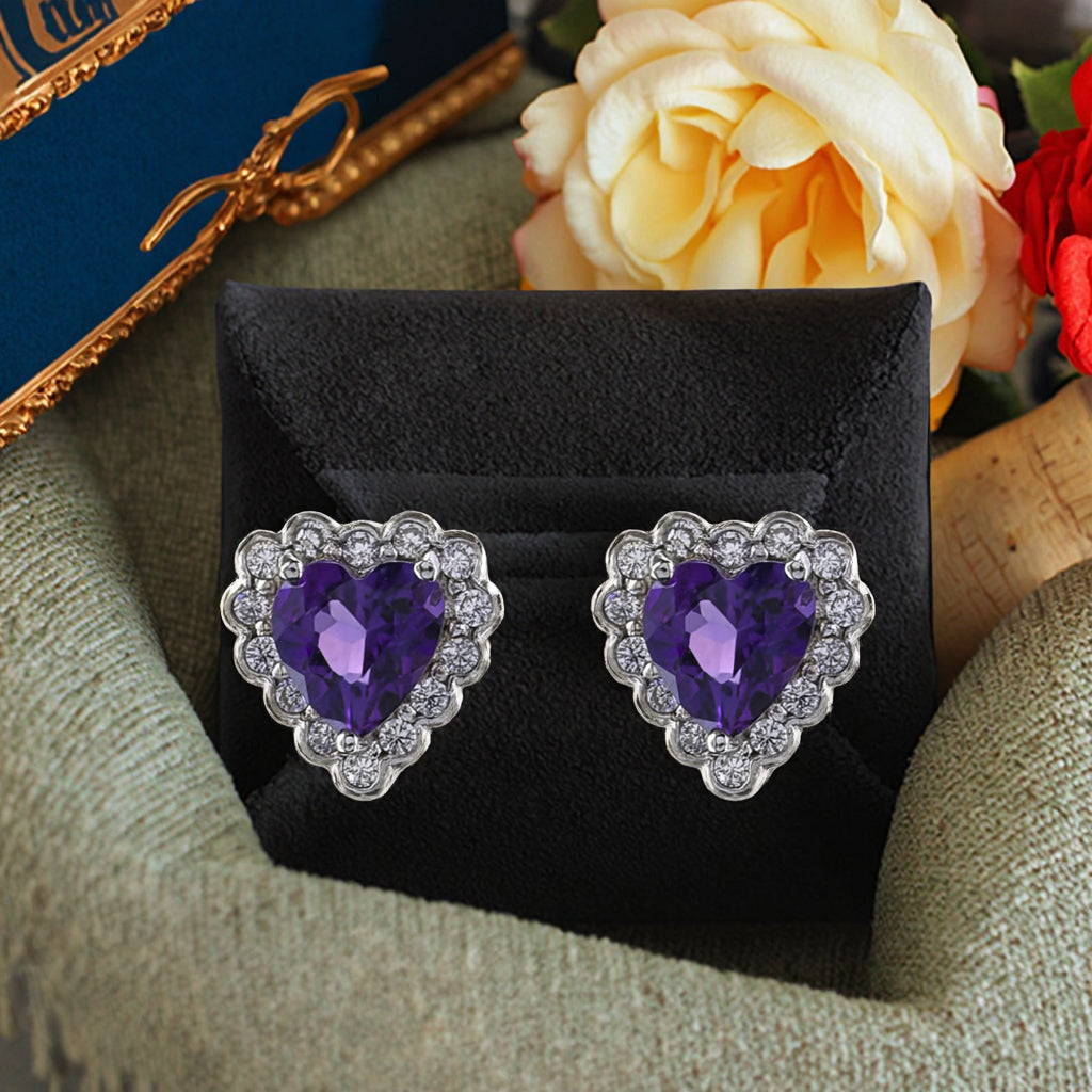 Fashionable Rhodium Plated 925 Prata Natural Amethyst Heart Stud Earrings